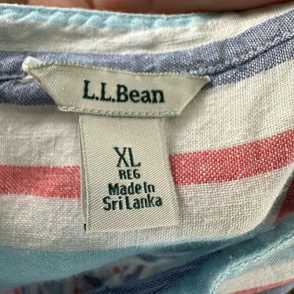 LL Bean 100% Linen Red White Blue Tunic Top Notch V-Neck L/S Popover Size XL - Picture 9 of 10